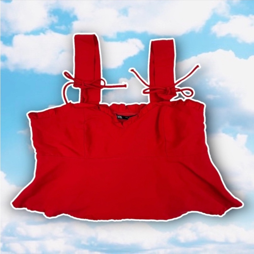 ZARA Flounce Peplum Ruffle Tie Strap Crop Top Red Coquette Retro Pinup Feminine - Picture 7 of 10